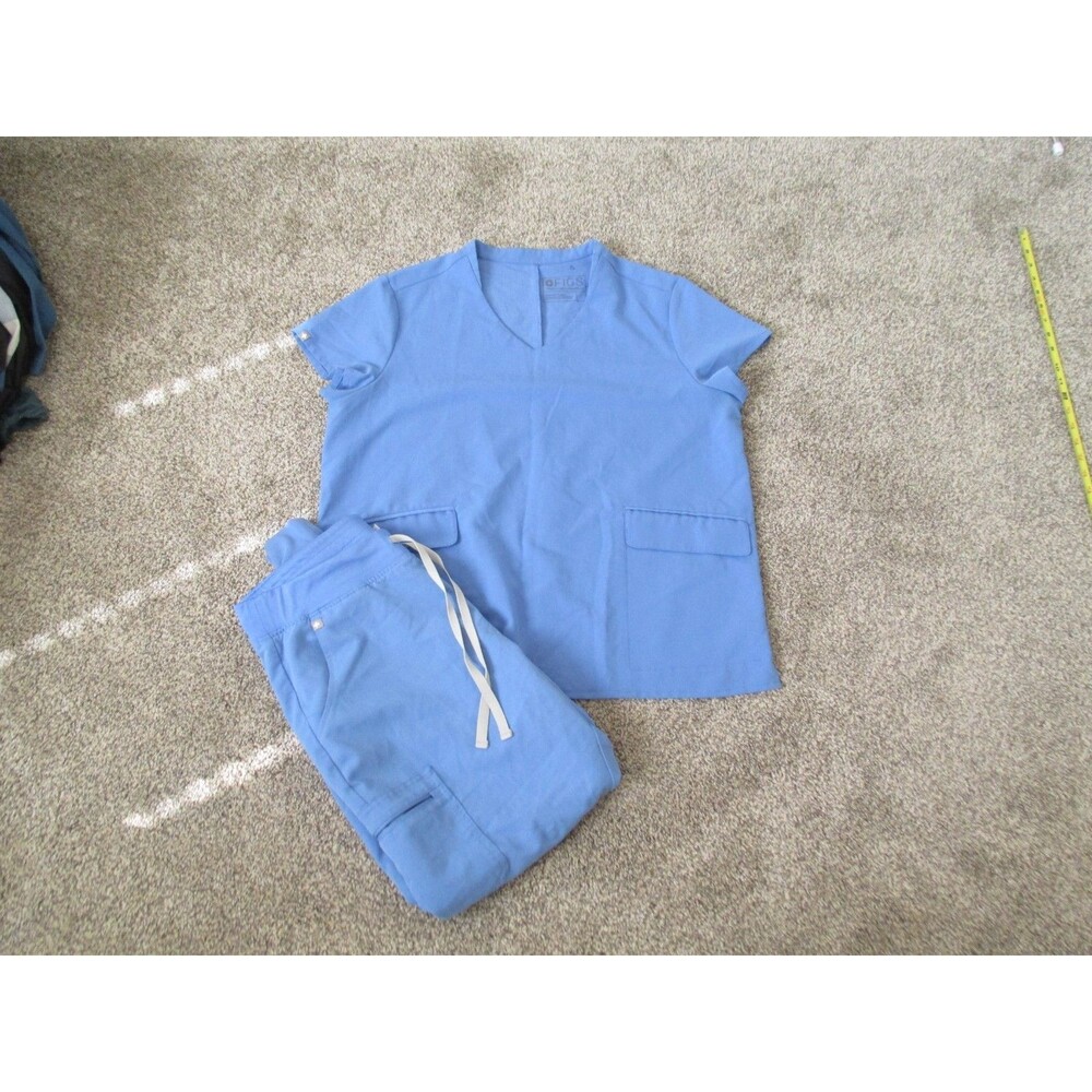 FIGS Technical Collection Scrub Set Top & Pants L Blue Solid Polyester Blend